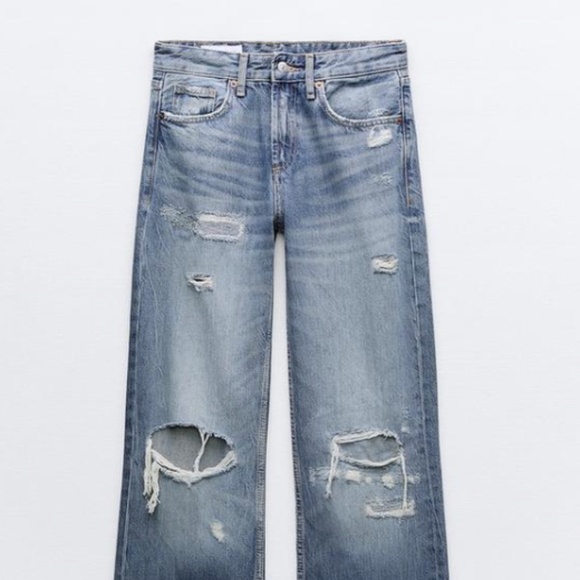 ZARA TRF HIGH RISE WIDE LEG RIPPED JEANS - Picture 4 of 10